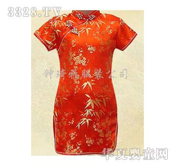钟思雅红色绣竹女童旗袍