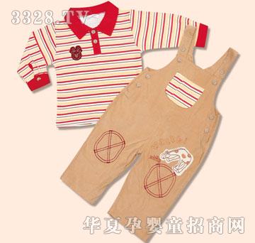 娃丽比条纹背带两件套红领子