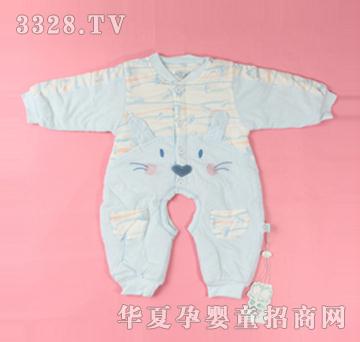 蓝色铺棉V领开裆宝宝哈衣