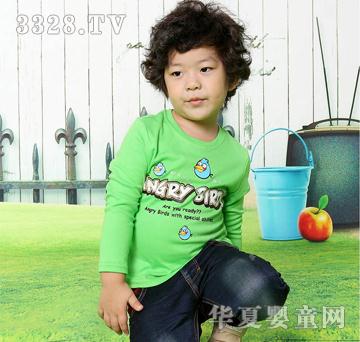 真自在秋款小鸟印花青色男童打底衫